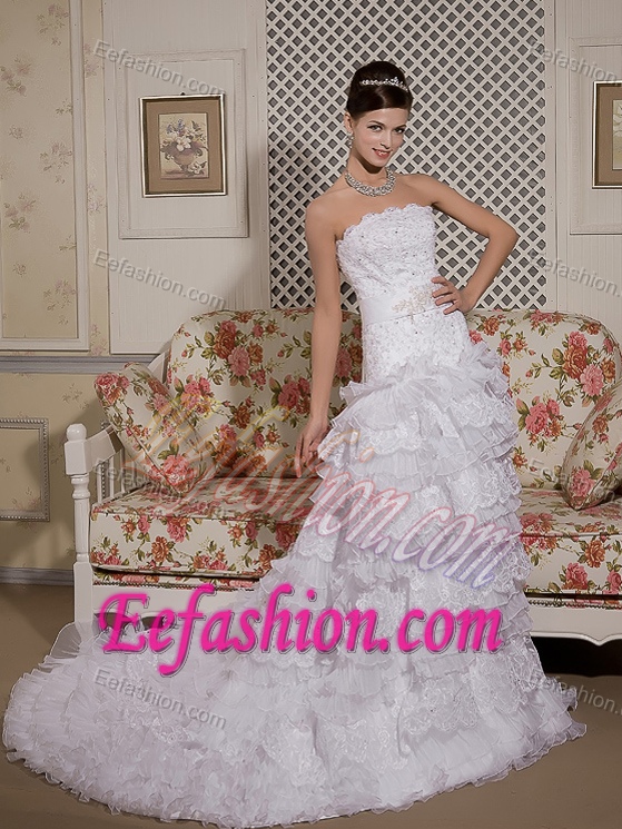 Strapless Court Train Organza and Lace Wedding Dresses with Layered Ruffles