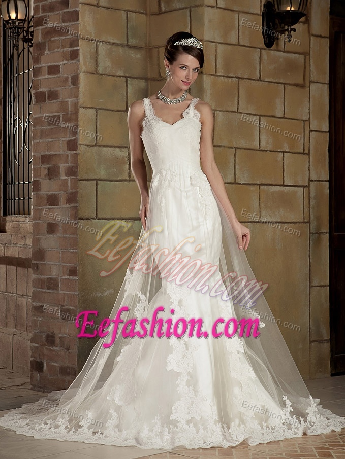 Straps Court Train Champagne Mermaid Tulle Wedding Dresses with Appliques