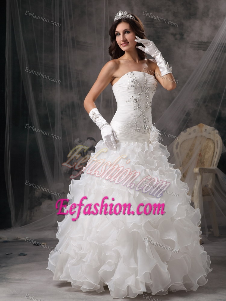 Chic Strapless Long Ruched Wedding Dress with Appliques and Ruffles