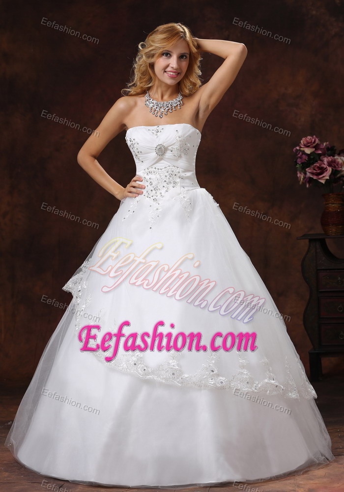 A-line Strapless Long Church Wedding Dress with Embroidery and Beads