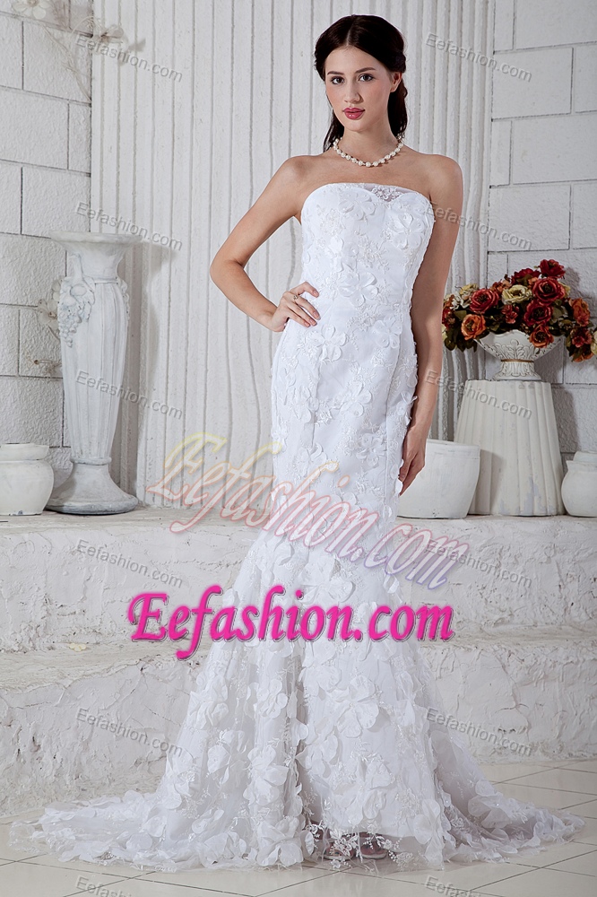 Discount Mermaid Strapless Special Fabric Wedding Dress with Brush Train