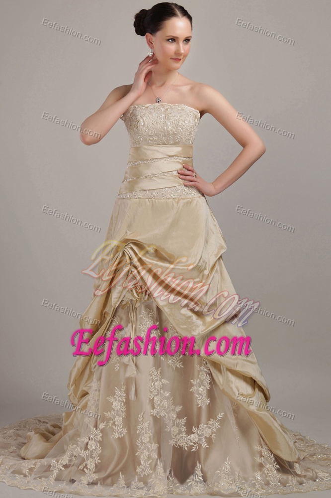 A-line Strapless Court Train Wedding Dress for Wholesale Price in Champagne
