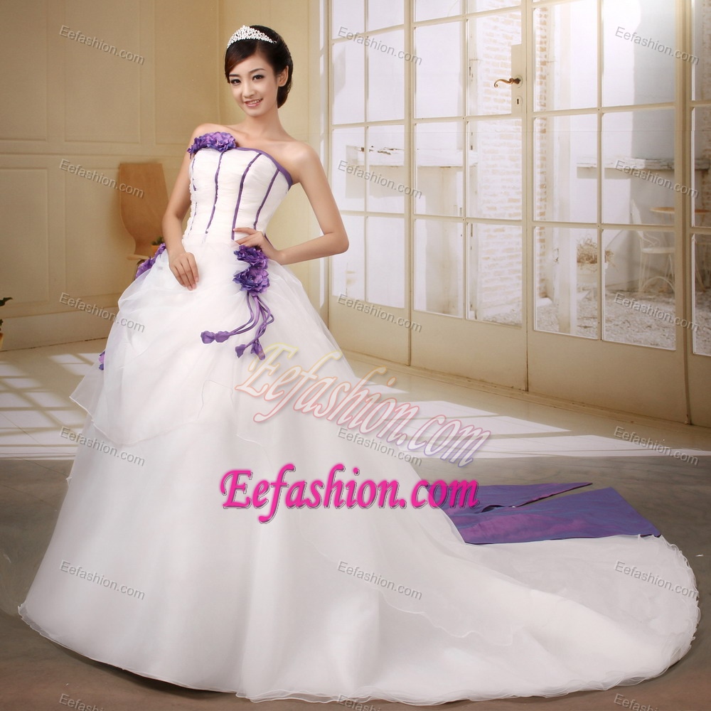 Princess Strapless Court Train Affordable White Wedding Dress in Organza