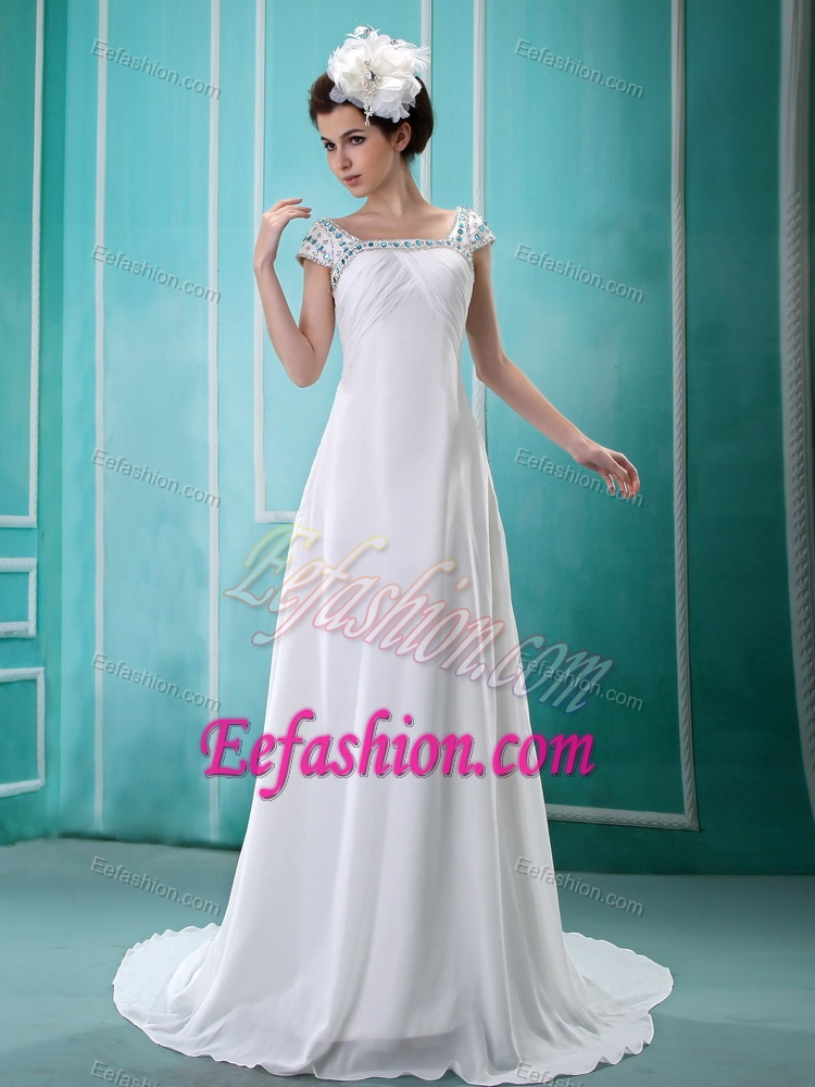Square Chiffon Short Sleeves Wedding Gown Dress with Beading and Sequins