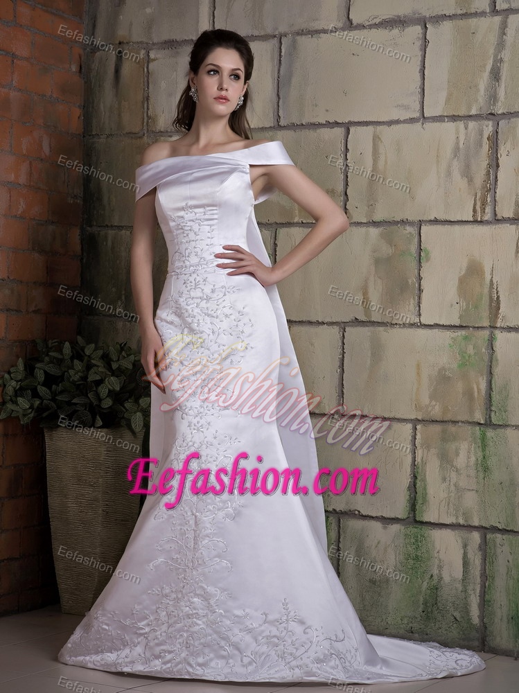 Mermaid Off The Shoulder Perfect Satin Wedding Dress with Watteau Train