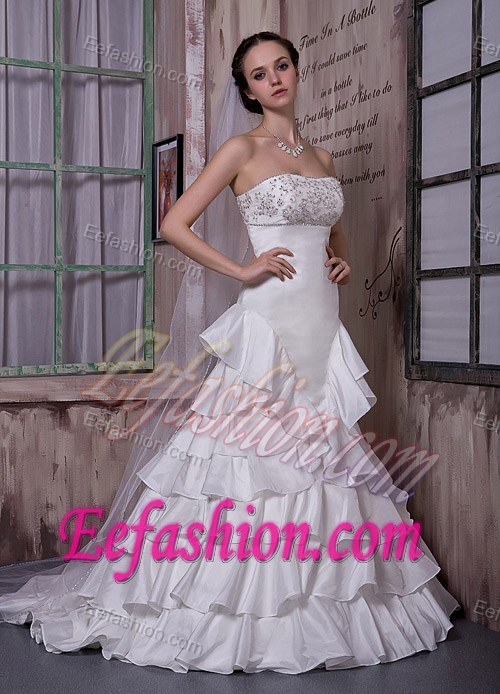 Appliqued Brush Train Discount Wedding Dress with Ruffled Layers