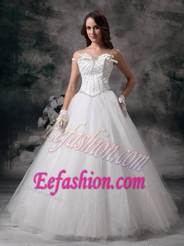 A-line Strapless Long Tulle Wedding Dresses with Beading on Sale
