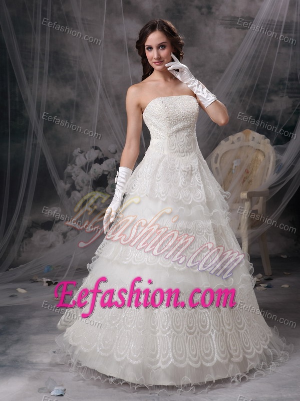 A-line Strapless Long Cheap Wedding Dresses in and Lace