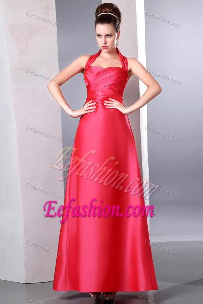 Low Price Coral Red Halter Top Dress for Prom in Ankle-length