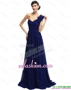 Sexy One Shoulder Ruffled Navy Blue Prom Dresses with Hand Made Flower