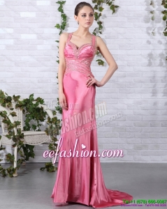 Sexy Rose Pink Beading Long Prom Dresses with Brush Train