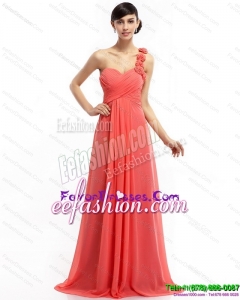 Sexy Watermelon Red One Shoulder Prom Dresses with Brush Train and Hand Made Flowers