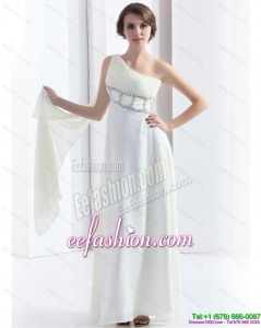 2015 Sexy One Shoulder White Prom Dress with Watteau Train and Beading