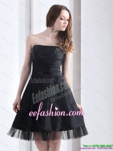 2015 Sexy Strapless Black Prom Dress with Ruching and Beading