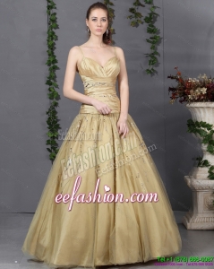 Sexy 2015 Spaghetti Straps Champagne Prom Dress with Ruching and Beading