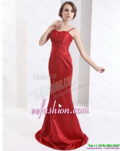 Sexy Brush Train 2015 Wine Red Prom Dress with Beading and Ruching