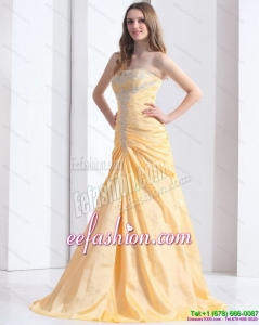 Sexy Brush Train Gold Prom Dresses with Ruching and Beading