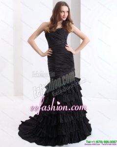 Sexy Brush Train Pleated Black Prom Dresses with One Shoulder and Ruffled Layers