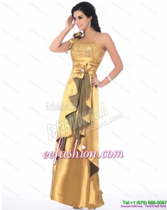 Sexy One Shoulder Gold Prom Dress with Hand Made Flowers and Ruching