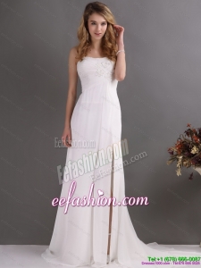 Sexy Ruching and High Slit 2015 Prom Dress in White
