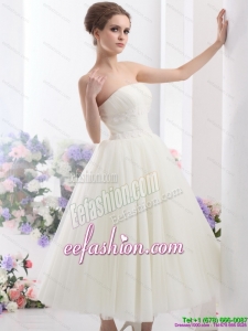 2015 Cute White Strapless Wedding Dresses with Ruching