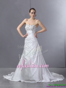 2015 White Pleated Sequined Wedding Dresses with Court Train