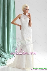 Amazing Unique White High Neck Lace Wedding Dresses with Brush Train