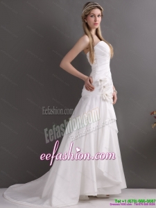 Classic White Brush Train Sweetheart Ruching Wedding Dresses with Hand Made Flowers