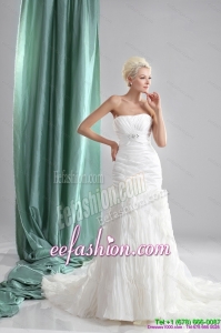 Pleated Sequined Beach White Wedding Dresses with Chapel Train