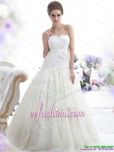 Ruffled White Strapless Beach Wedding Dresses with Sash and Bownot
