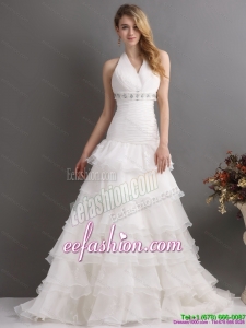 White Halter Top Beach Beading Wedding Dresses with Ruffled Layers and Brush Train