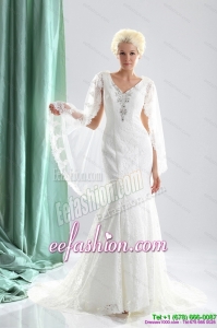 2015 Designer Luxurious V Neck Wedding Dress with Lace and Appliques