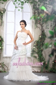 2015 Designer Unique Ruffled Layers White Wedding Dresses with Brush Train