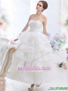2015 Designer White Wedding Dresses with Ruffled Layers and Beading