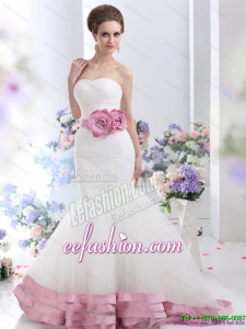 2015 Fashionable Strapless Mermaid Wedding Dress with Ruching and Hand Made Flowers
