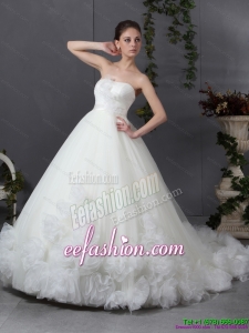 2015 New Style Ruffled White Wedding Dresses with Chapel Train