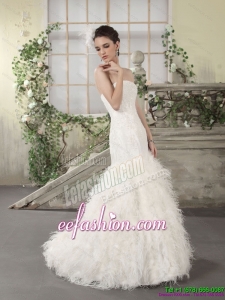 2015 New Style Strapless Beach Wedding Dress with Lace and Feather
