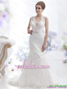 2015 Pretty Mermaid Beading Wedding Dress with Brush Train