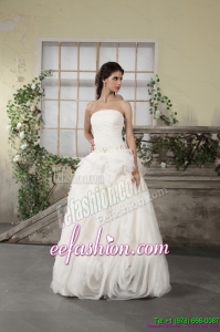 2015 Unique Ruffled Strapless White Wedding Dresses with Brush Train