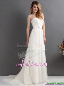 2015 White Strapless Wedding Dresses with Brush Train and Sash