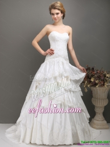 Amazing White Sweetheart Brush Train Wedding Dresses with Ruffled Layers