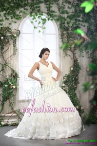 Beautiful White Straps Ruffled Bridal Gorgeous Dresses with Brush Train