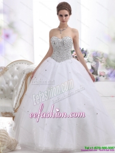 Designer Sweetheart Floor Length White Wedding Dresses with Brush Train and Rhinestones