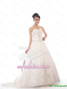 Designer White Sweetheart Chapel Train Bridal Gowns with Beading and Appliques