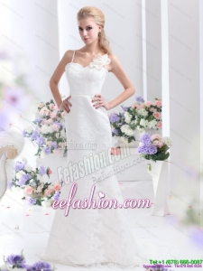 Discount White Column Lace Gorgeous Wedding Dresses with Brush Train and Hand Made Flower