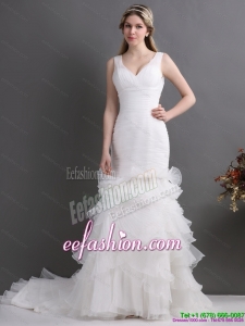 Luxurious V Neck 2015 Beach Wedding Dress with Ruching and Ruffles