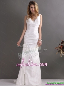 Perfect White V Neck Ruching Bridal Dresses with Brush Train