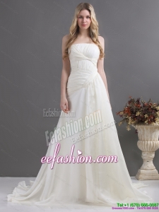 Popular White Strapless Ruching Bridal Gowns with Brush Train