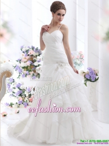Ruched White Gorgeous Wedding Dresses with Brush Train and Appliques