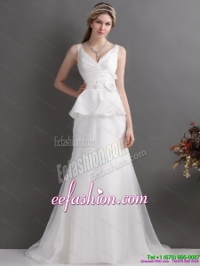 Ruching White V Neck Ruffled 2015 Gorgeous Wedding Dresses with Brush Train